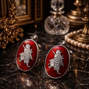 VINTAGE RARE JAPANESE STERLING SILVER RED ENAMEL SAMURAI SCREWBACK EARRINGS